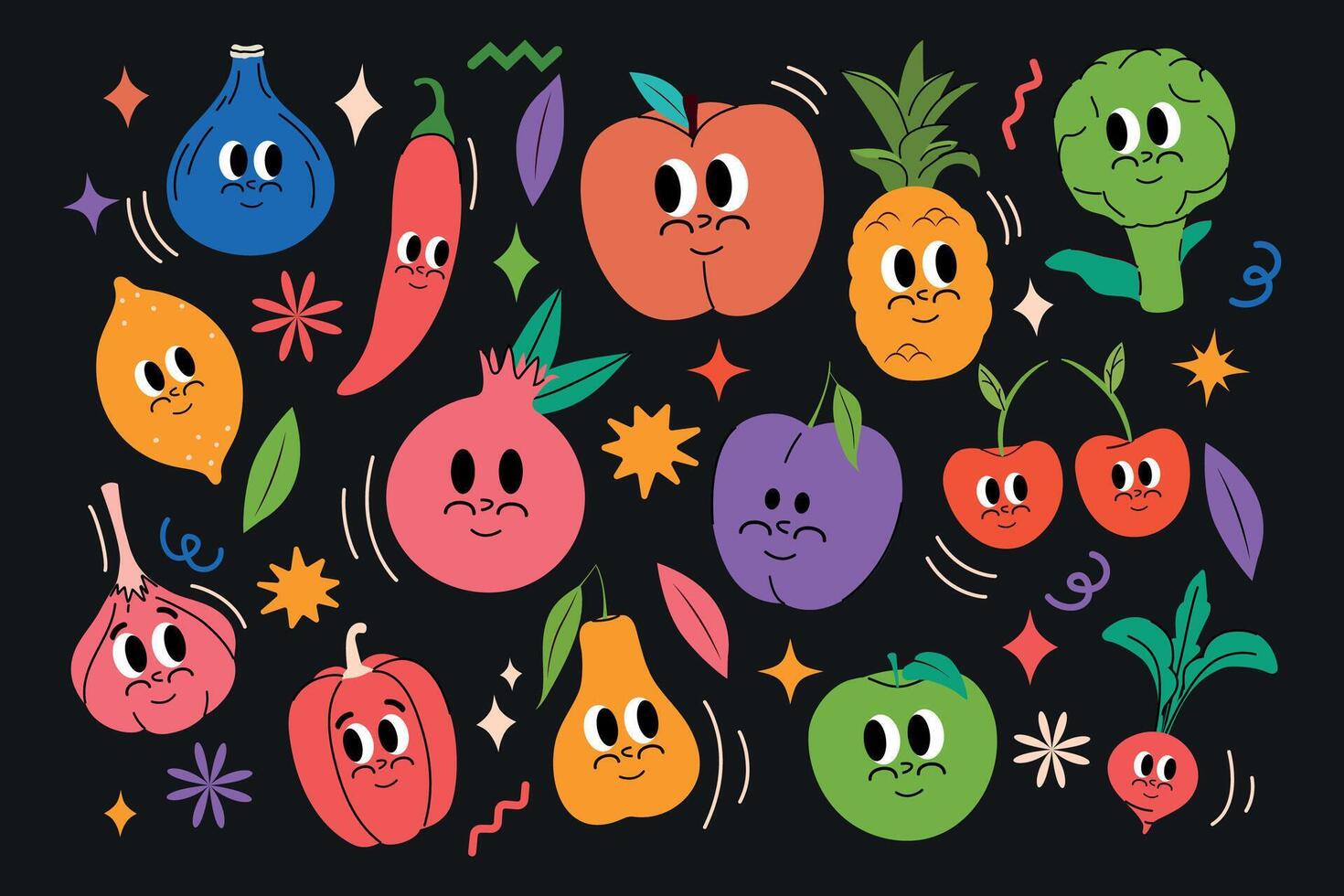 conjunto de frutas en moderno y de moda maravilloso estilo. cómic cara en miedoso estilo. vector ilustración. y2k modelo. retro póster. ciruela, frambuesa, durazno, manzana, pera, limón. cómic personaje mascota. años 70