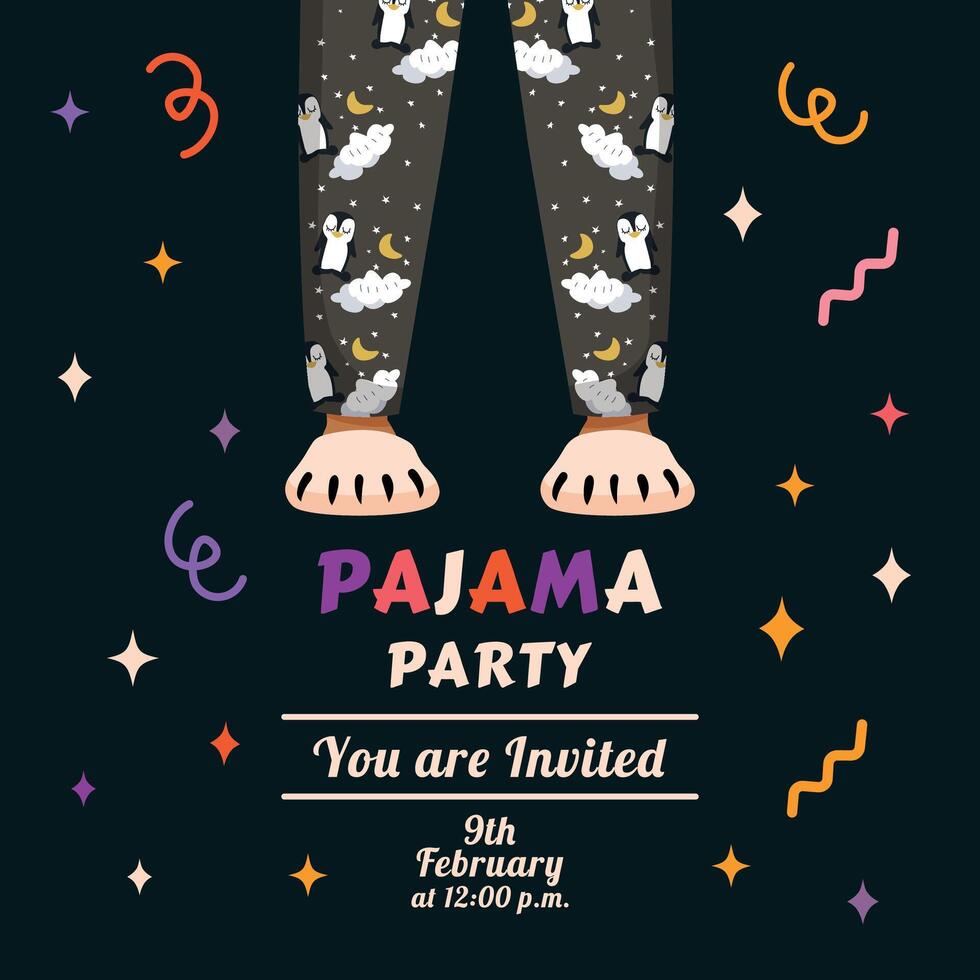 Invitation to a pajama party. Legs in pajamas in flat trendy style. Funky character. Slumber. Nightwear. International Pajama Day. July. Holiday relaxation. Slippers. Cartoon and hand drawn. Sleepover vector