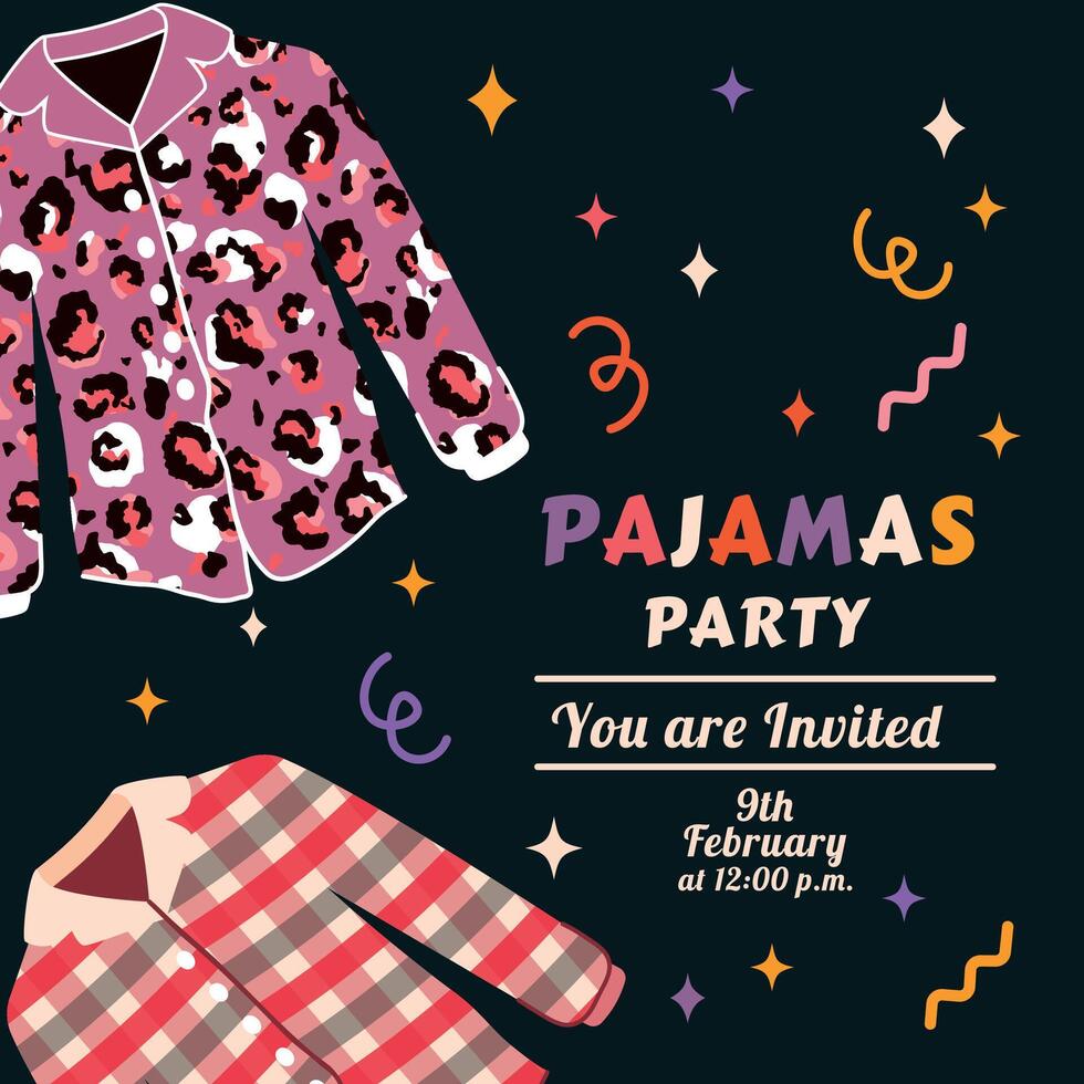 festivo invitación a un pijama fiesta en mano dibujado y garabatear estilo. vector ilustración. durante la noche. almohadas y cama lino. camisa para durmiendo. casa zapatillas y pies. de moda diseño