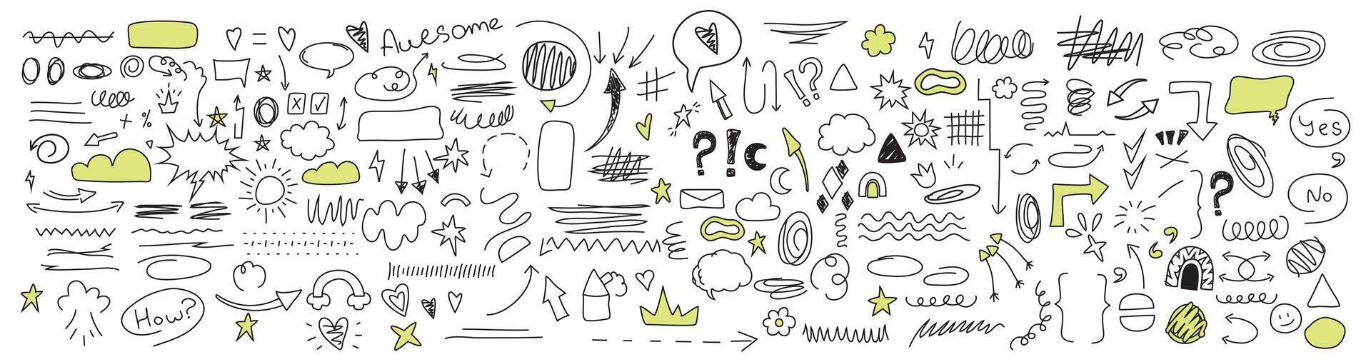 Set and collection of doodle highlighter editable lines and strokes. Hand drawn. Arrows, lines, inscriptions, dotted lines, shapes, figures. Stripe. Brushes neoteric elements. Pencil and pen. vector