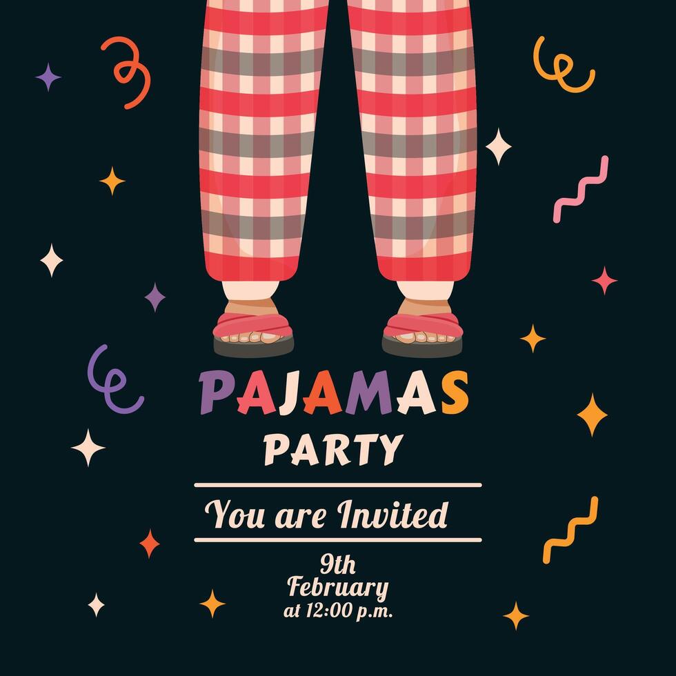 festivo invitación a un pijama fiesta vector ilustración. durante la noche. casa zapatillas y pies. tarjeta modelo. sueño. evento bandera. celebracion y relajación para niño y gente. comprobado pijama.