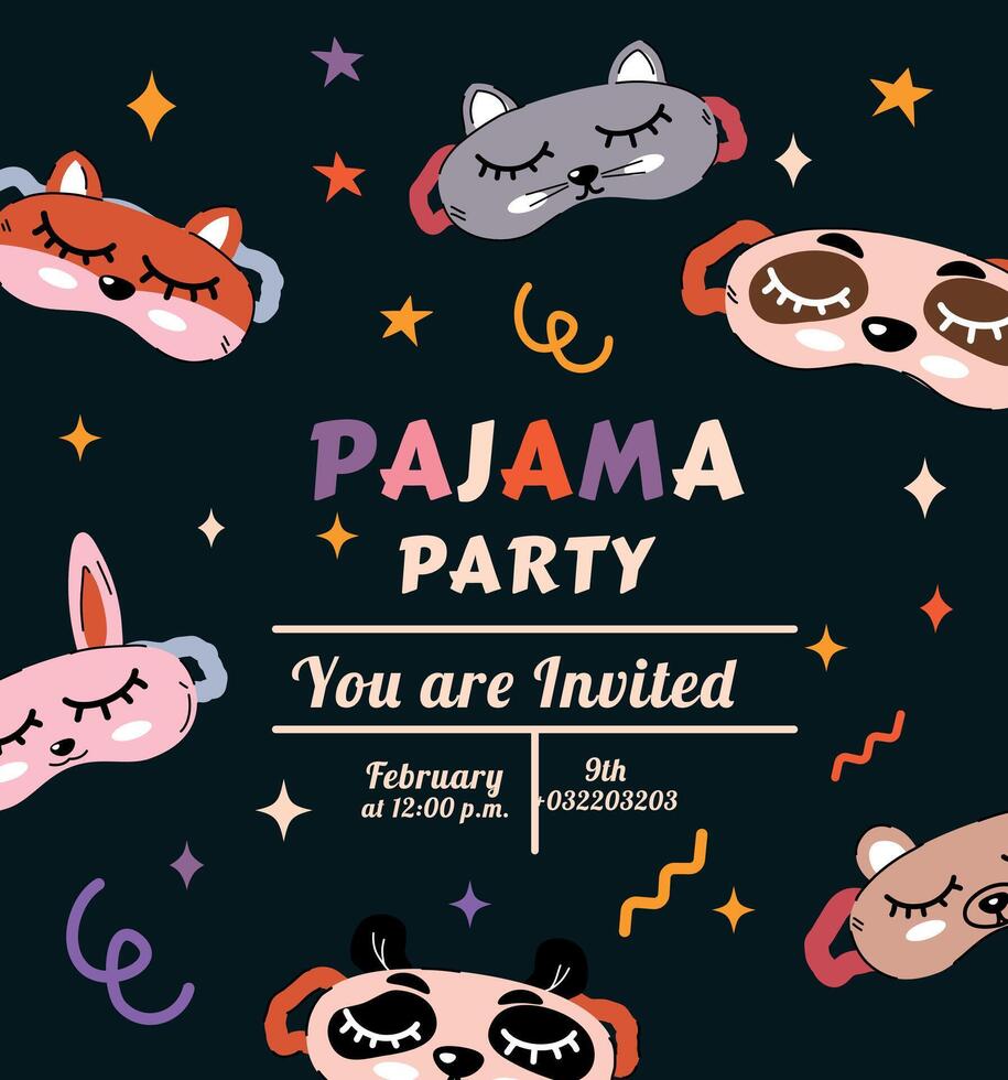 Invitation to a pajama party in a trendy flat style. Pajamas and sleepwear. Slumber. Shirt and pants. Sports suit. Slippers. A pair of legs. Overnight. Children's holiday. Nightwear. Mask for sleep. vector