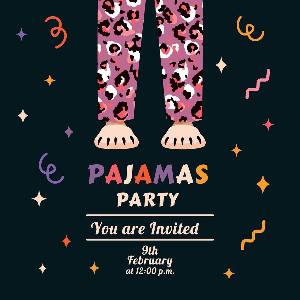 Festive invitation to a pajama party in hand drawn and doodle style. Vector illustration. Overnight. House slippers and feet. Card template. Slumber. Nightwear. Event flyer. Birthday celebration.