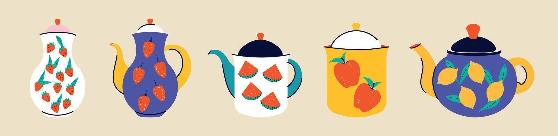 A set and collection of tableware in a modern trendy style. Groovy design. Cups, teapot, kettle for drinks, tea, coffee. Vector illustration. Isolated. Hand drawn dishes, plate, vase, sugar bowl. Flat