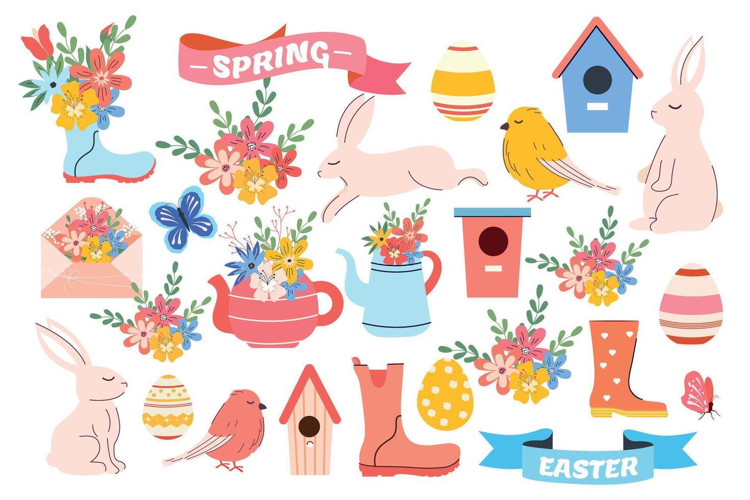 Easter set in hand drawn style. Vector. Labels, flag, rabbit, eggs, flowers, envelopes, birdhouses. Hello spring collection. Pastel and modern trendy vibrant. Clipart. Traditional bunny. Modern doodle vector