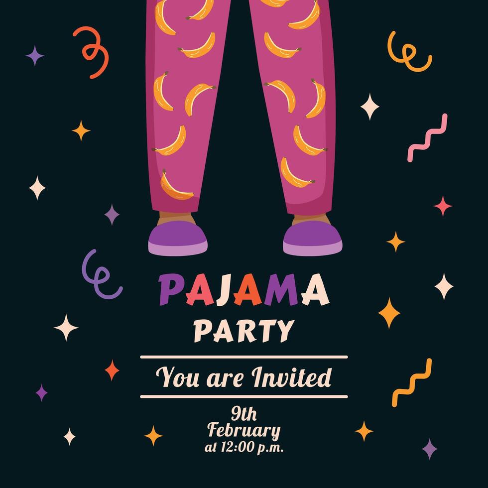 Invitation to a pajama party. Legs in pajamas in flat trendy style. Vector illustration. Celebration banner. Slumber. Nightwear. International Pajama Day. July 21. Holiday relaxation. Slippers.