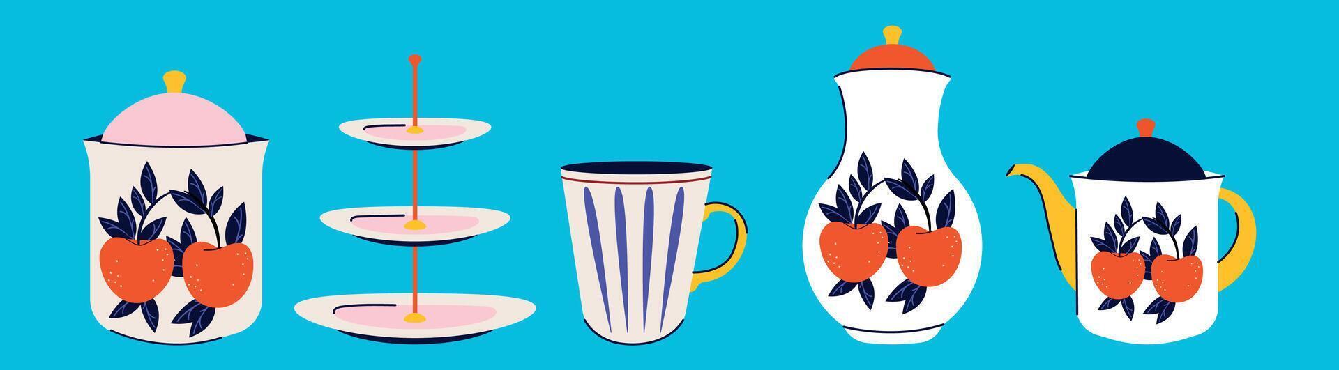 Set of dishes in hand drawn, modern trendy style. Groovy design. Cups, teapot, kettle for drinks, tea, coffee. Vector illustration. Vibrant colors. Flowers, berries, fruits. Elements. Flat style.