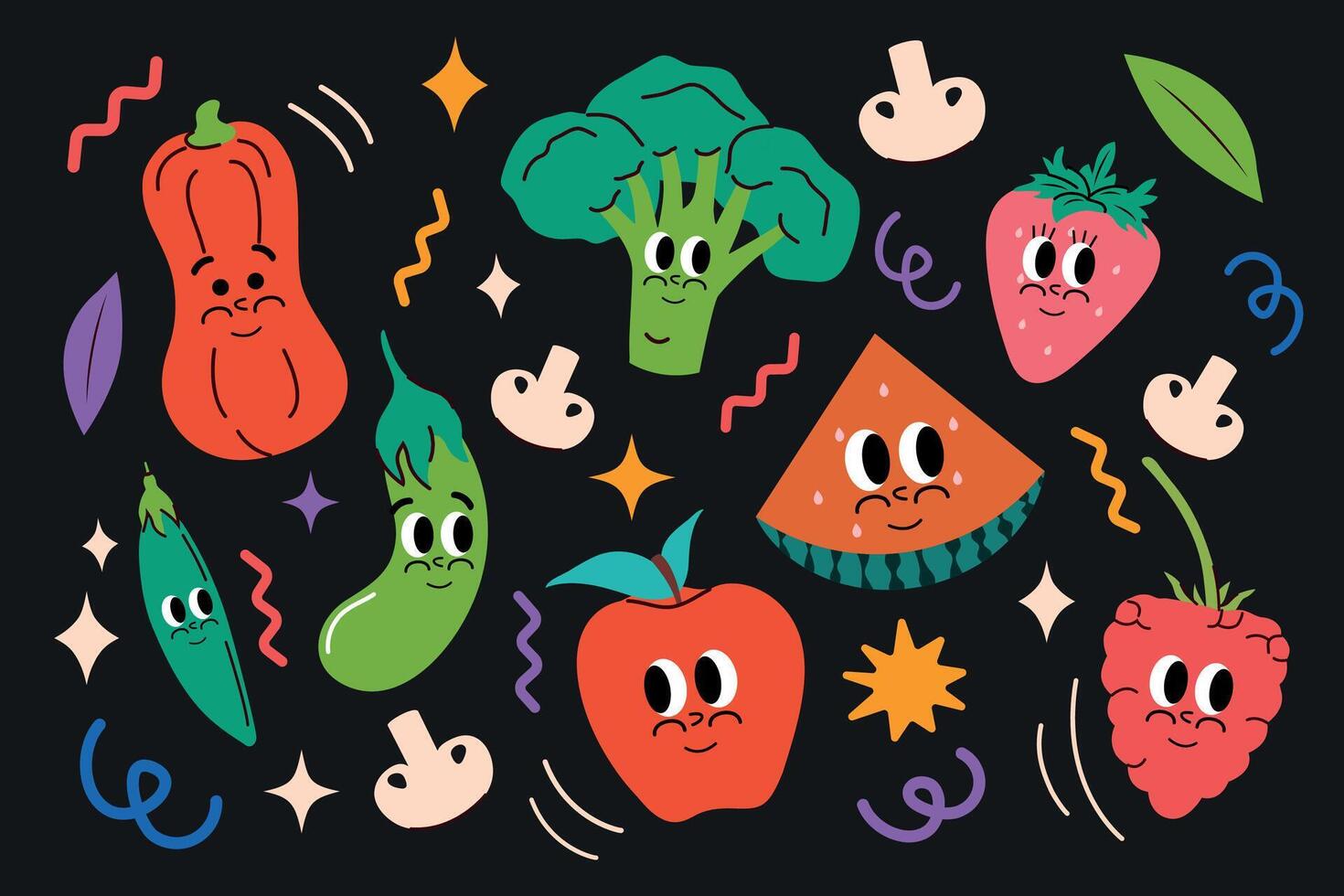 A set of fruit and vegetables in trendy groovy style. Vector illustration. Isolated. Hand drawn funky style. Face and emotions. Vintage and retro poster aesthetics. Doodle pattern. 2000s. Sticker pack