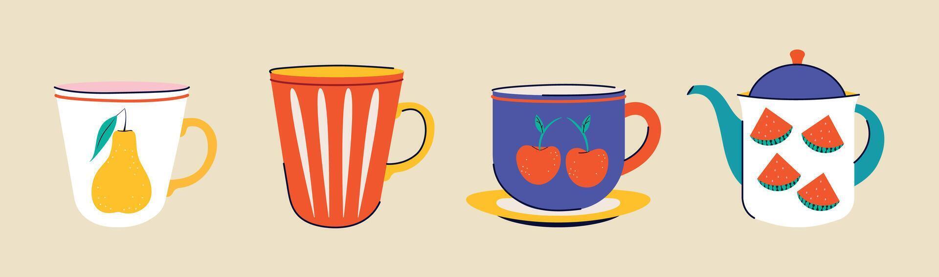 A set of cups in a modern trendy style. Groovy design. Cups, teapot, kettle for drinks, tea, coffee. Vector illustration. Isolated. Hand drawn dishes, plate, vase, Flowers, berries, fruits. Elements.