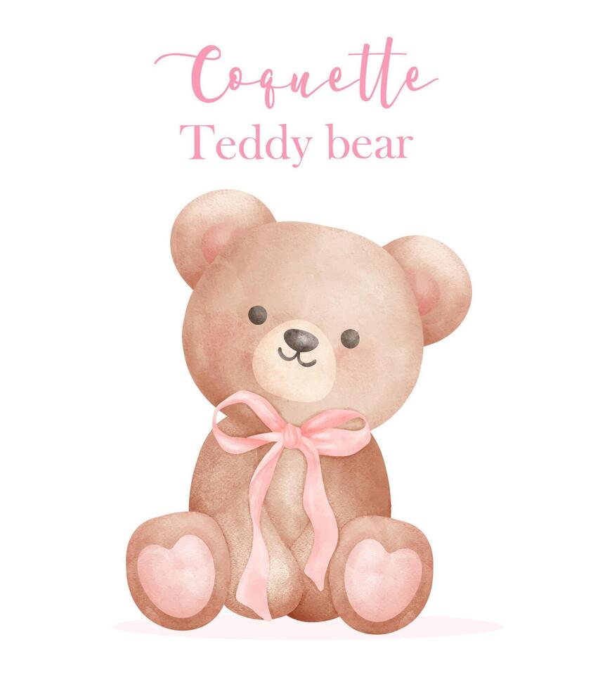 Coquette Teddy Bear Trendy Retro Vintage Watercolor Illustration vector