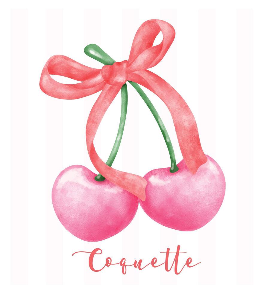 Trendy Red Coquette cherries with ribbon bow, aesthetic watercolor hand drawing vector