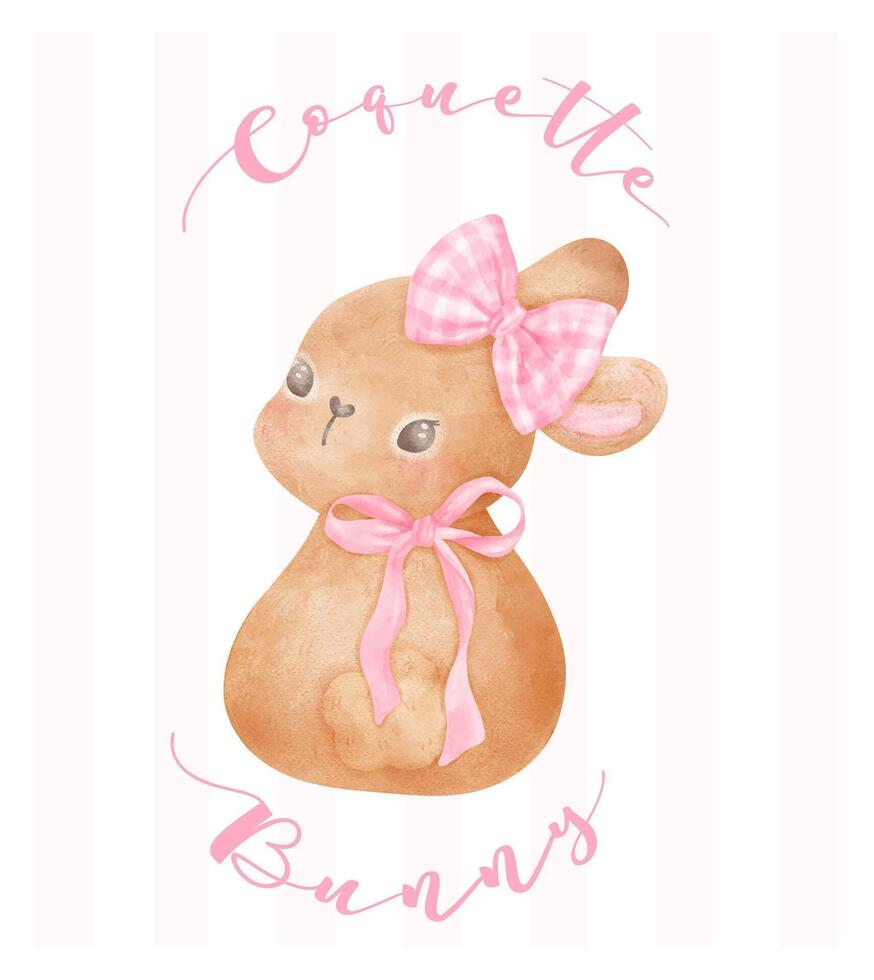 Coquette Bunny, Brown rabbit with pink ribbon bow watercolor Aesthetic painting vector