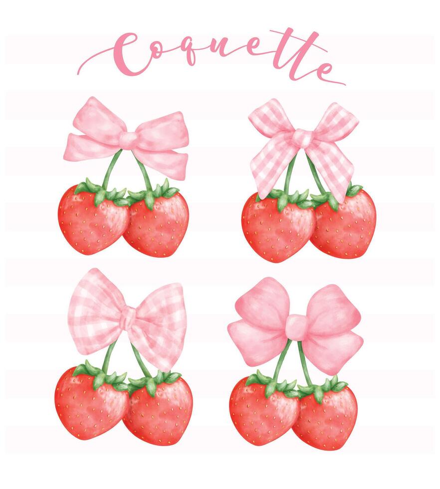 Coquette Strawberries with pink ribbon bow set, aesthetic watercolor hand drawing vector