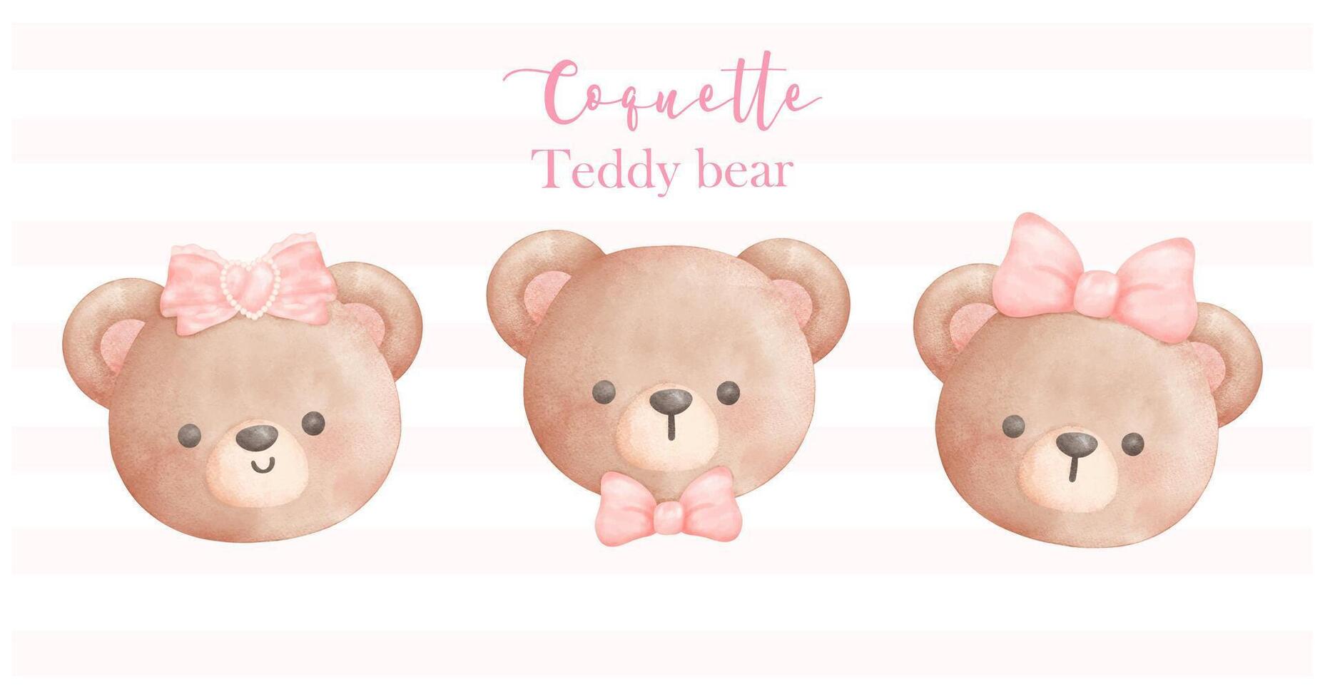 set of Coquette Teddy Bear face with ribbon bow Trendy Retro Vintage Watercolor Illustration banner vector