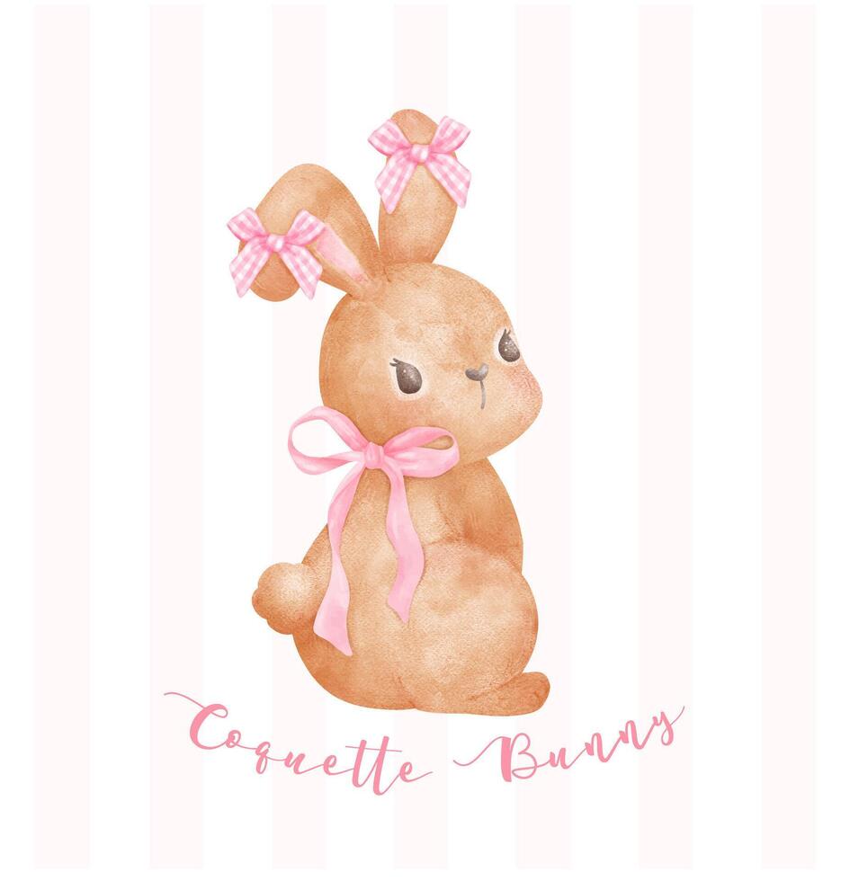 Coquette Bunny, Adorable Brown rabbit with pink ribbon bow watercolor Aesthetic painting vector