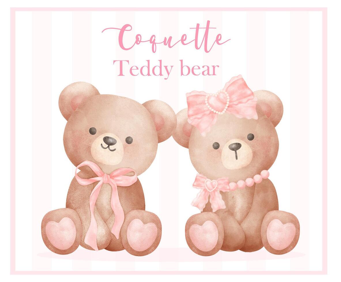 dos coqueta osito de peluche oso con cinta arco de moda retro Clásico acuarela ilustración vector