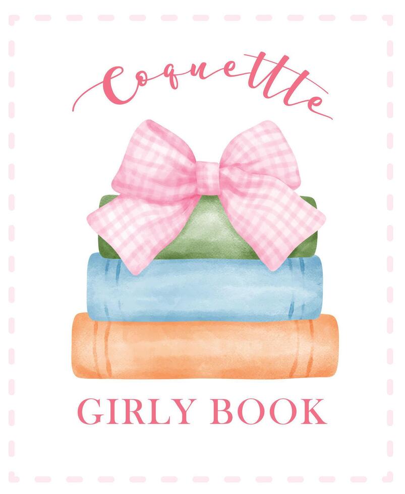 Retro Coquette Book stacked with pink ginham bow Illustration, Trendy preppy Chic Pink Watercolor Art vector