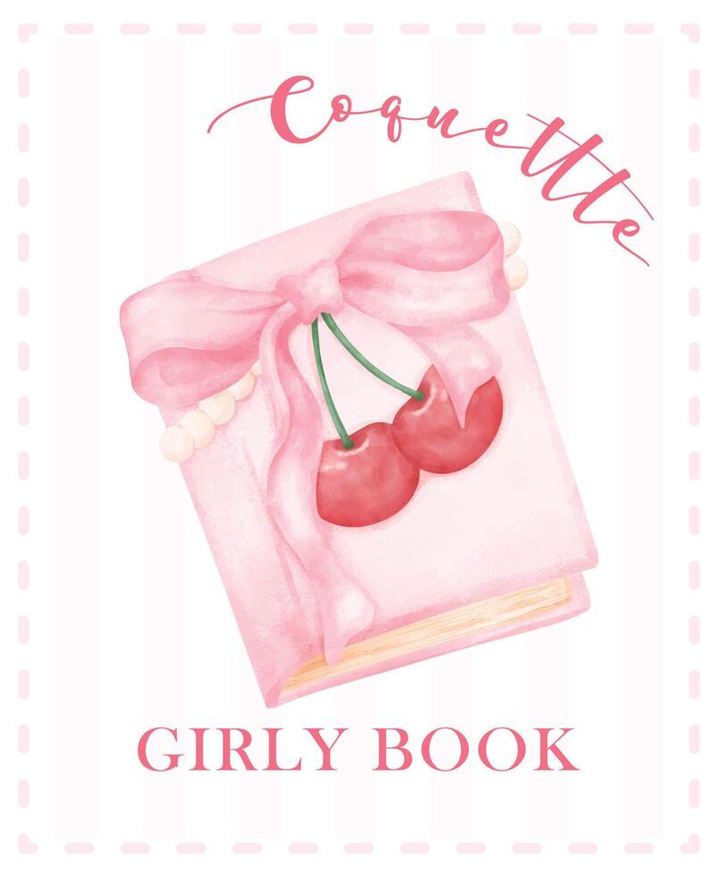 Retro Coquette Book closed with pink ribbon bow and red cherries Illustration, Trendy preppy Chic Pink Watercolor Art vector