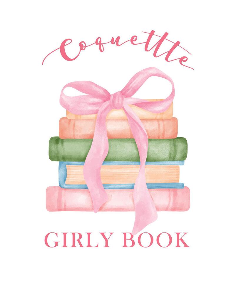 Retro Coquette Book stacked with pink ribbon bow Illustration, Trendy preppy Chic Pink Watercolor Art vector