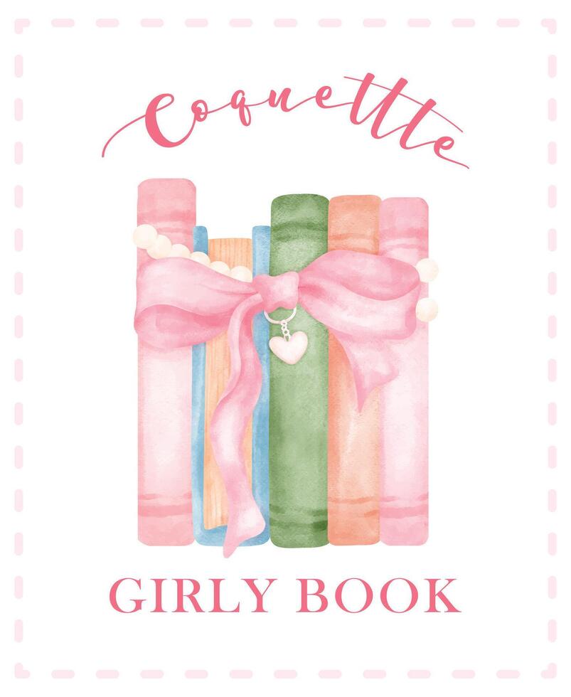 Retro Coquette Book stacked with pink ribbon bow Illustration, Trendy preppy Chic Pink Watercolor Art vector