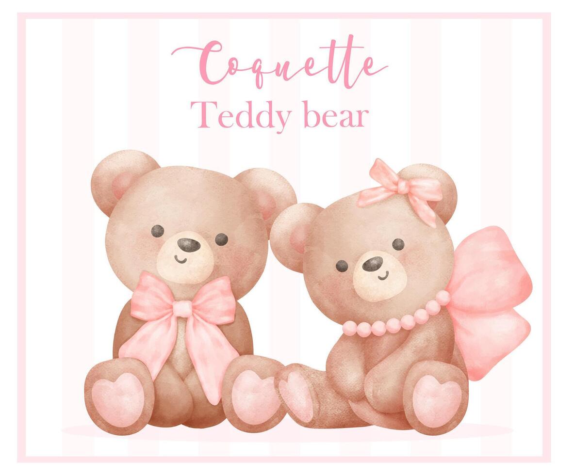 Two Coquette Teddy Bear with ribbon bow Trendy Retro Vintage Watercolor Illustration vector