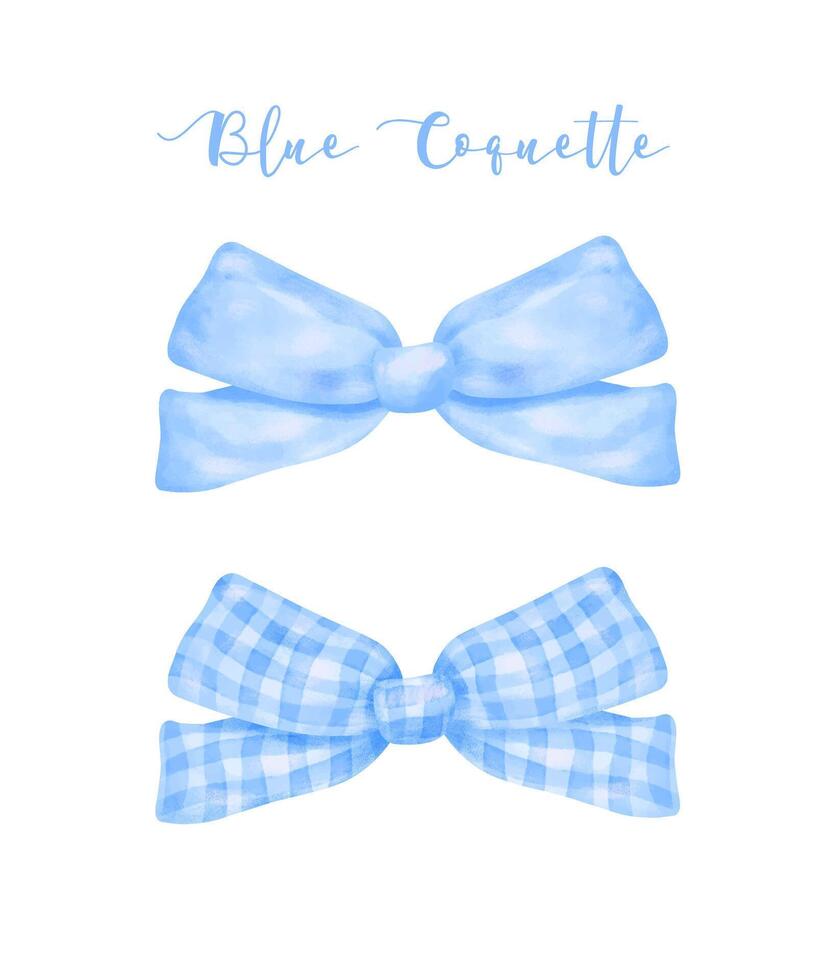 Trendy Blue Coquette ribbon bows Watercolor hand painting soft pastel set vector