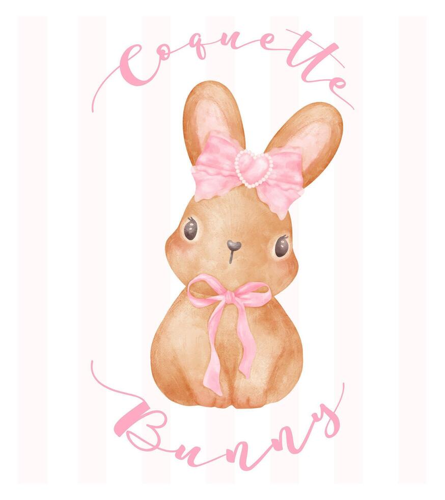 Coquette Bunny, Brown rabbit with pink ribbon bow watercolor Aesthetic painting vector