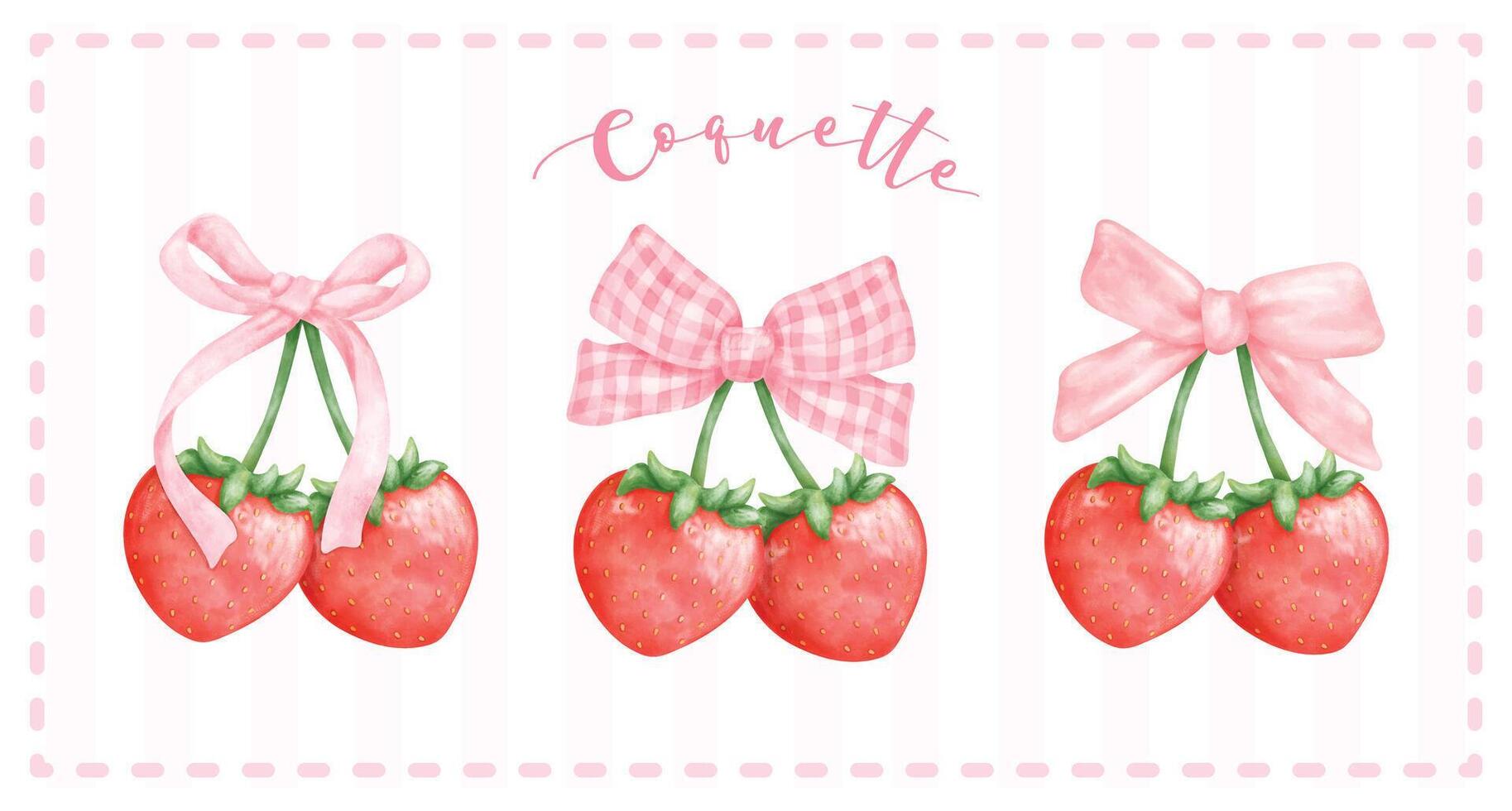 group of Coquette Strawberries with pink ribbon bow banner, aesthetic watercolor hand drawing vector