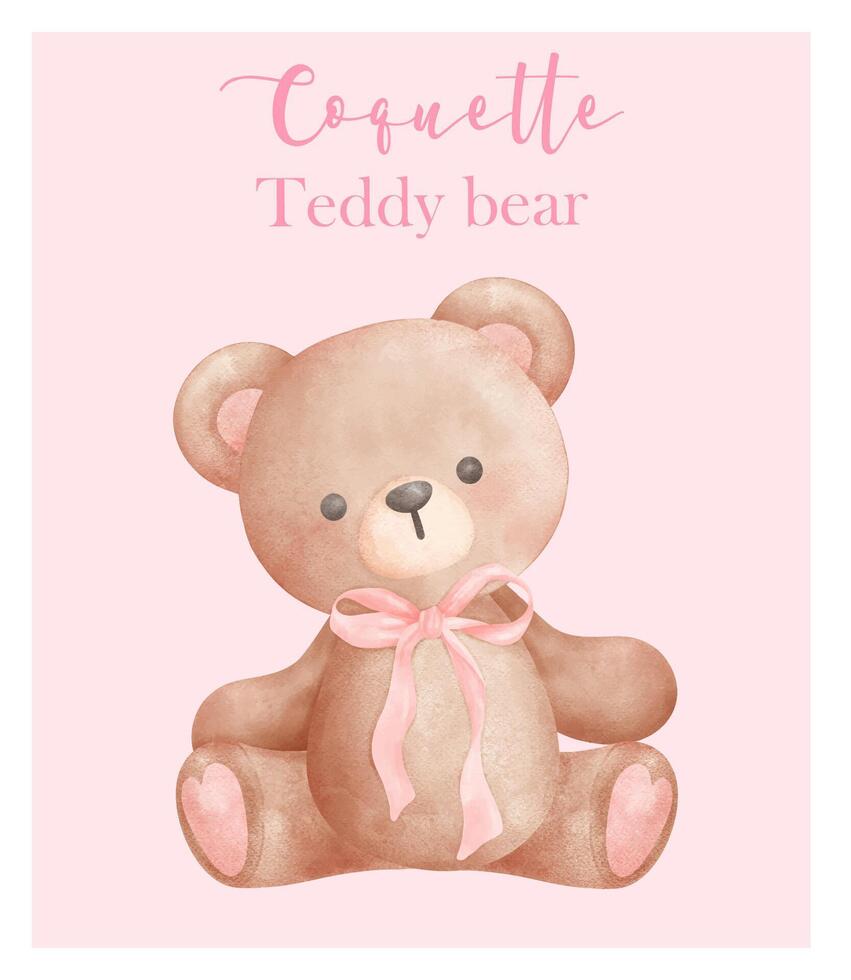 Coquette Teddy Bear Trendy Retro Vintage Watercolor Illustration vector