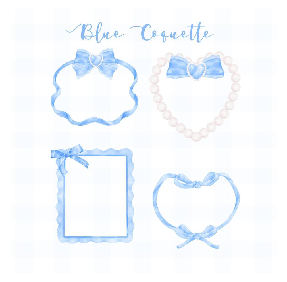 set of Trendy Blue Coquette frame with ribbon bow Watercolor hand painting soft pastel vector