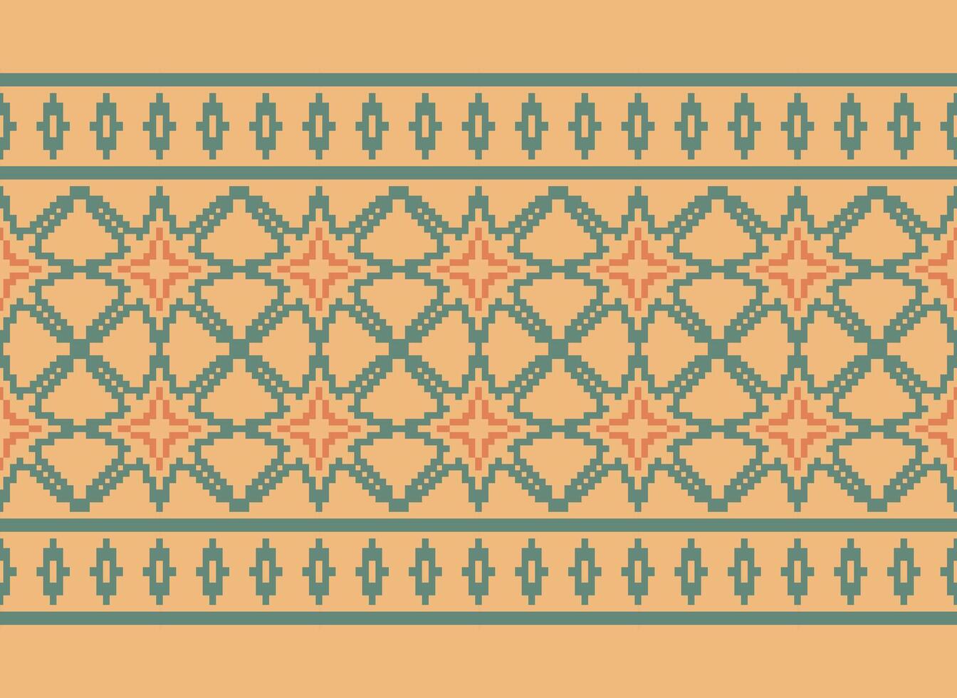 Cross Stitch and Pixel Ethnic Patterns Bring Vibrant Style to Fabrics, Sarees, and Ikat Designs, Red color cross stitch. Traditional Design. vector