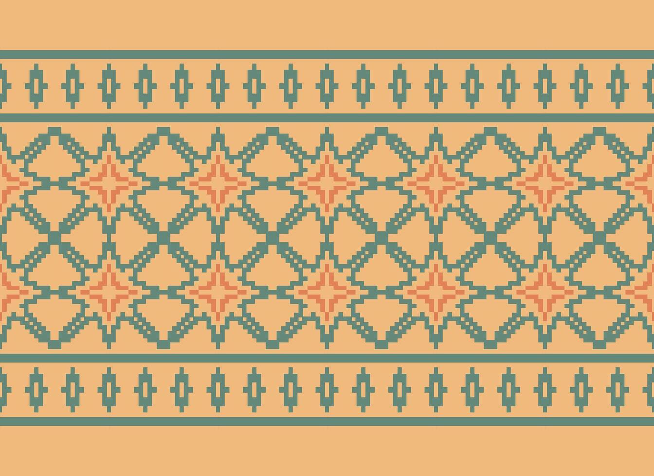 Cross Stitch and Pixel Ethnic Patterns Bring Vibrant Style to Fabrics, Sarees, and Ikat Designs, Red color cross stitch. Traditional Design. vector