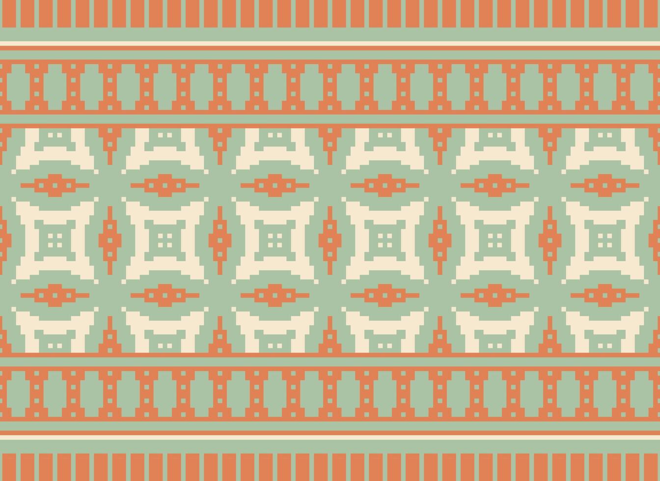Cross Stitch and Pixel Ethnic Patterns Bring Vibrant Style to Fabrics, Sarees, and Ikat Designs, Red color cross stitch. Traditional Design. vector