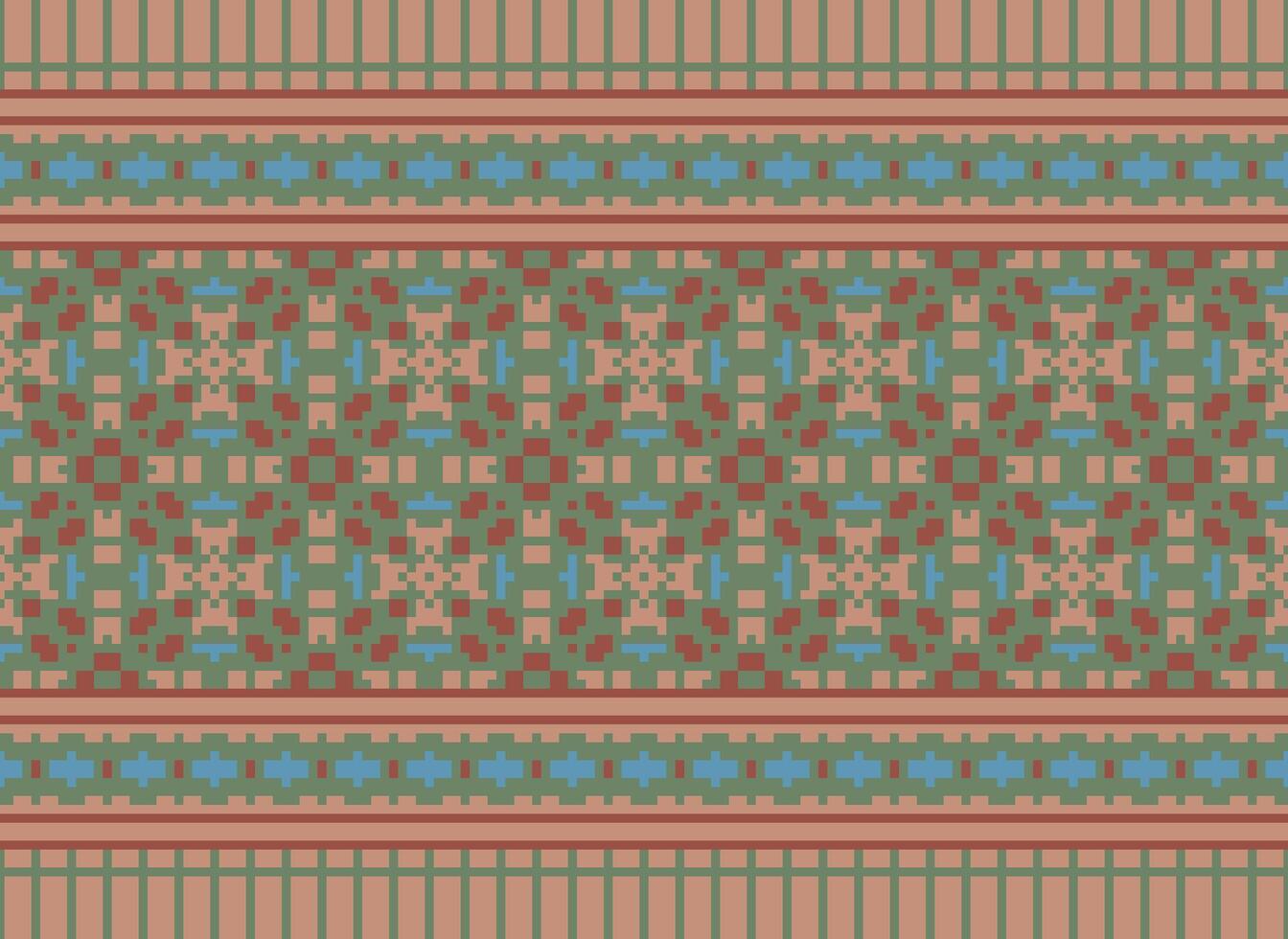Cross Stitch and Pixel Ethnic Patterns Bring Vibrant Style to Fabrics, Sarees, and Ikat Designs, Red color cross stitch. Traditional Design. vector