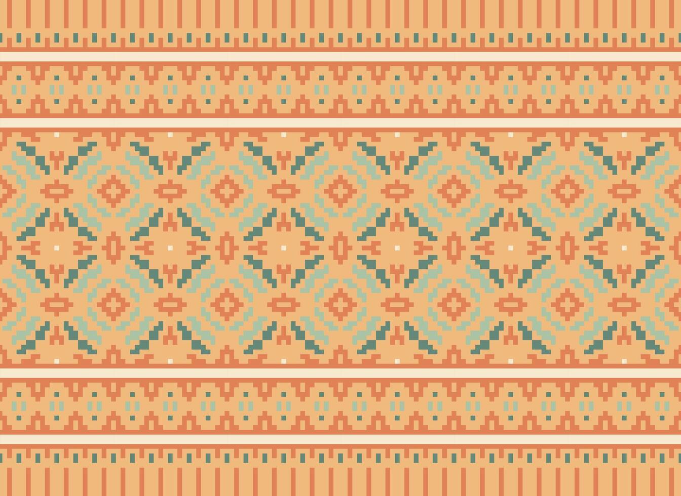 Cross Stitch and Pixel Ethnic Patterns Bring Vibrant Style to Fabrics, Sarees, and Ikat Designs, Red color cross stitch. Traditional Design. vector