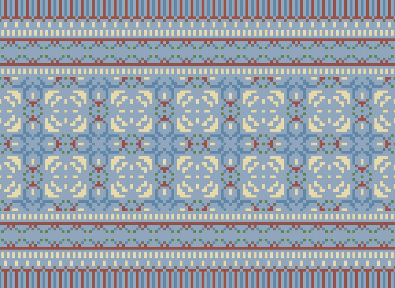 Cross Stitch and Pixel Ethnic Patterns Bring Vibrant Style to Fabrics, Sarees, and Ikat Designs, Red color cross stitch. Traditional Design. vector