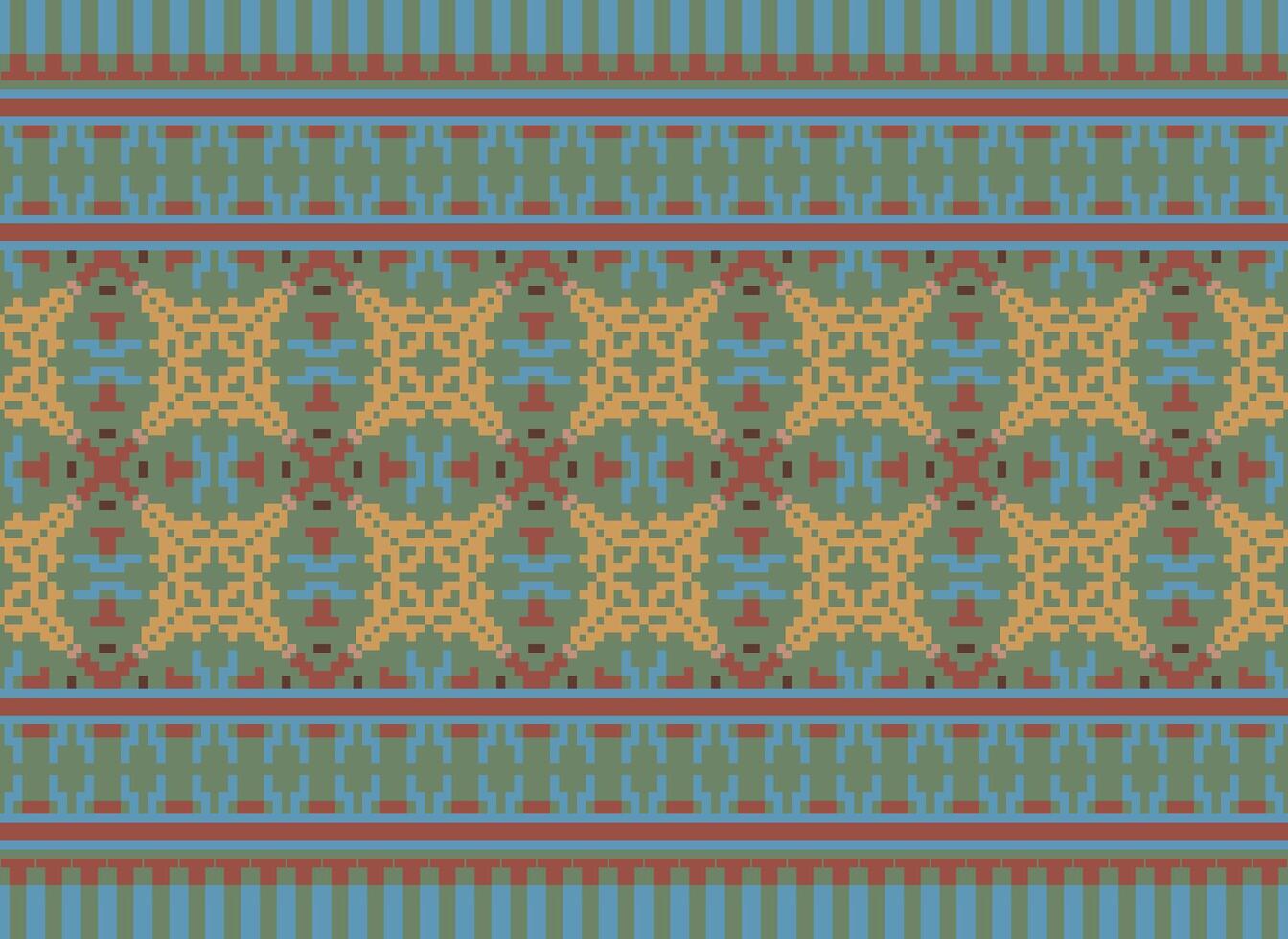 Cross Stitch and Pixel Ethnic Patterns Bring Vibrant Style to Fabrics, Sarees, and Ikat Designs, Red color cross stitch. Traditional Design. vector