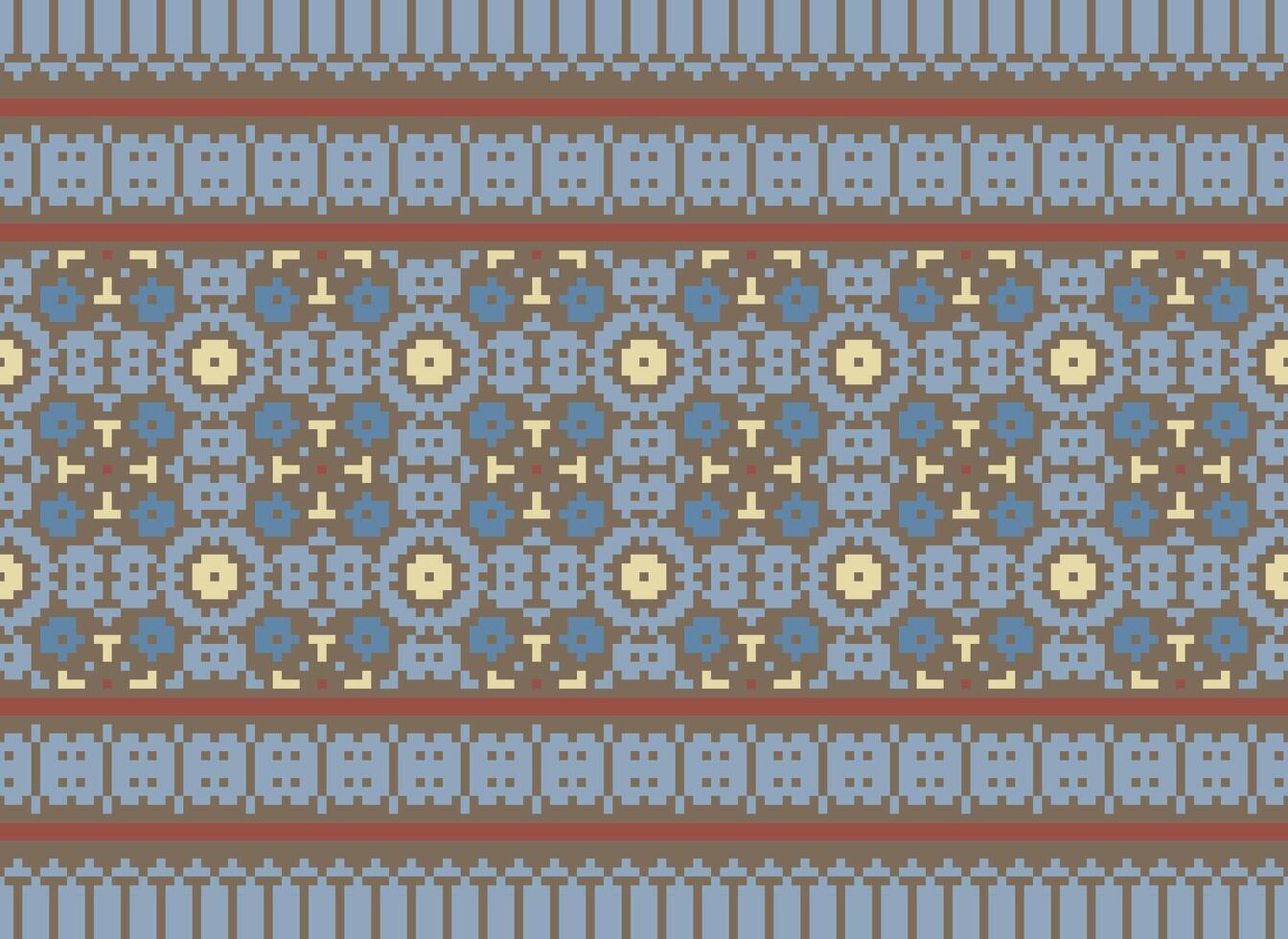 Cross Stitch and Pixel Ethnic Patterns Bring Vibrant Style to Fabrics, Sarees, and Ikat Designs, Red color cross stitch. Traditional Design. vector