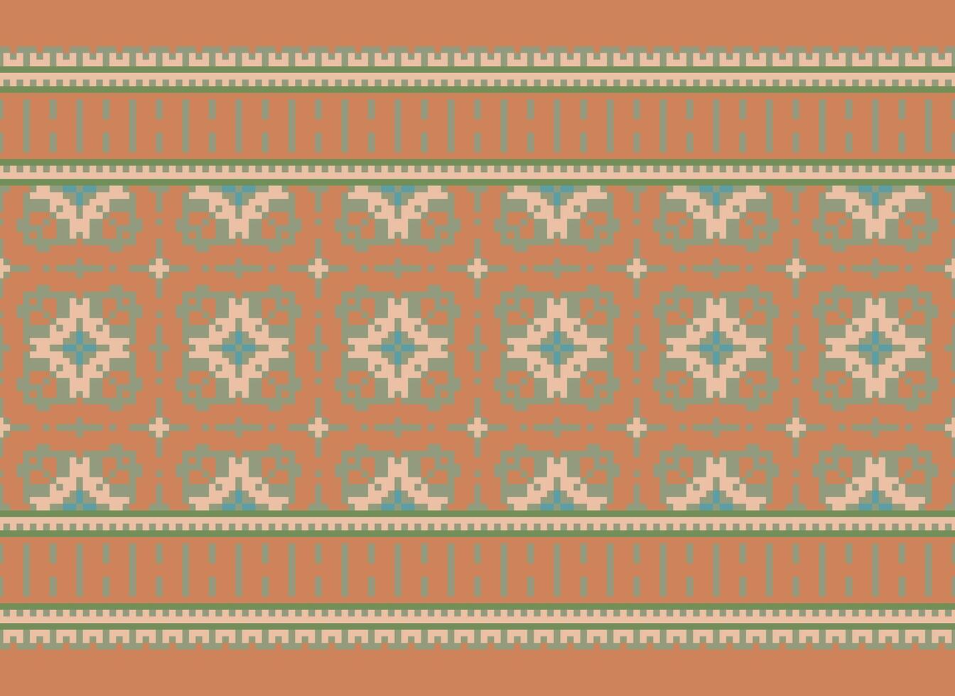 Cross Stitch and Pixel Ethnic Patterns Bring Vibrant Style to Fabrics, Sarees, and Ikat Designs, Red color cross stitch. Traditional Design. vector