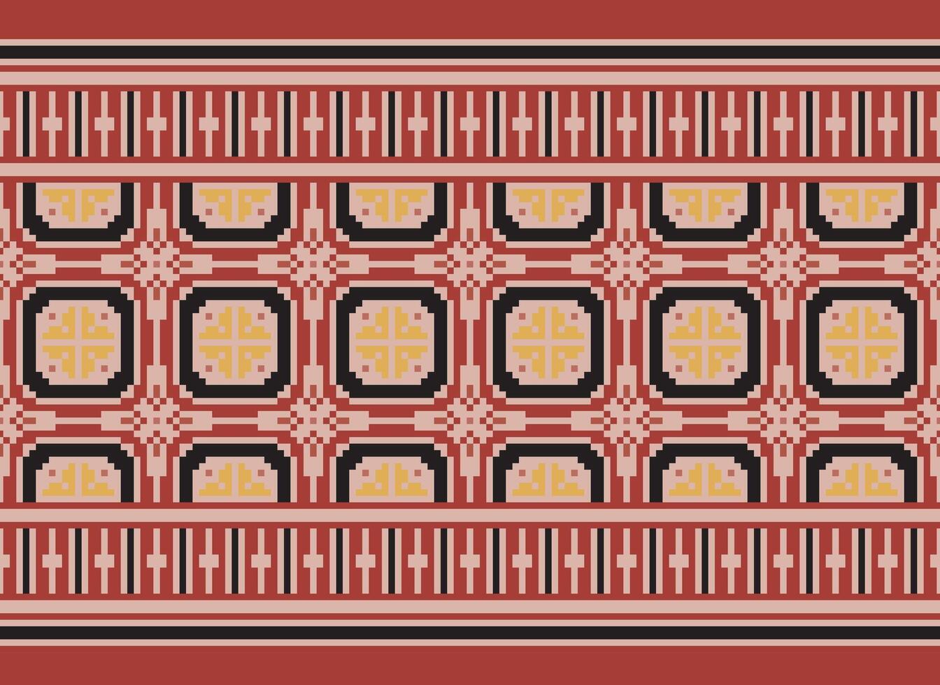 Cross Stitch and Pixel Ethnic Patterns Bring Vibrant Style to Fabrics, Sarees, and Ikat Designs, Red color cross stitch. Traditional Design. vector