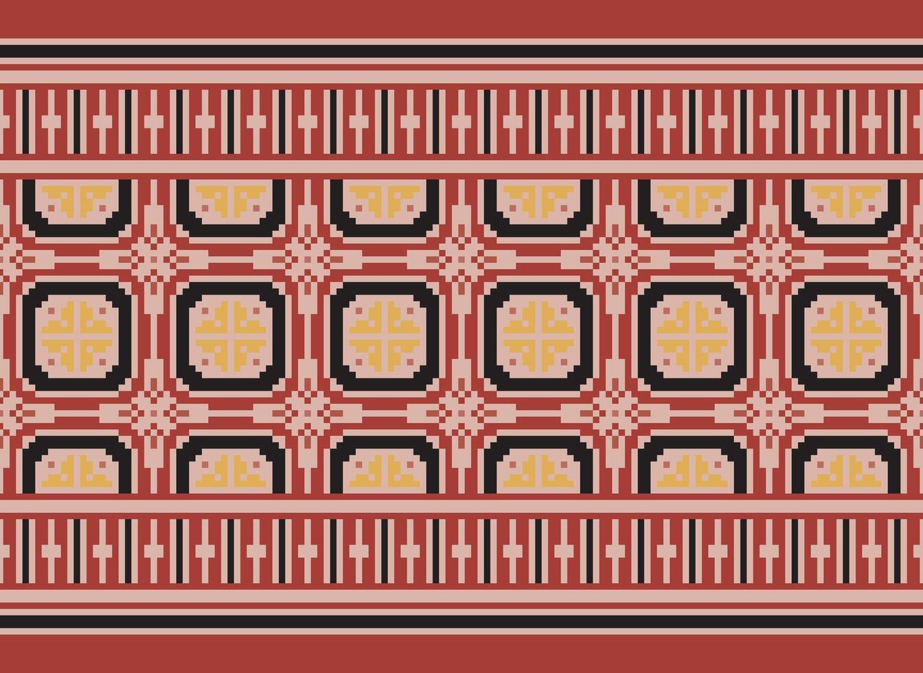 Cross Stitch and Pixel Ethnic Patterns Bring Vibrant Style to Fabrics, Sarees, and Ikat Designs, Red color cross stitch. Traditional Design. vector