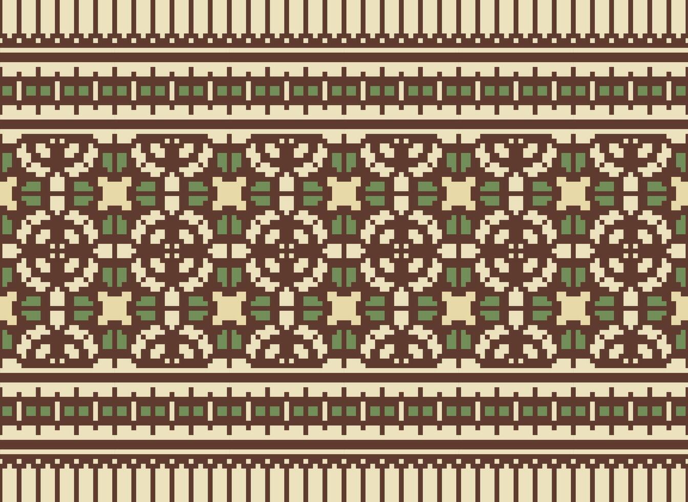 Cross Stitch and Pixel Ethnic Patterns Bring Vibrant Style to Fabrics, Sarees, and Ikat Designs, Red color cross stitch. Traditional Design. vector