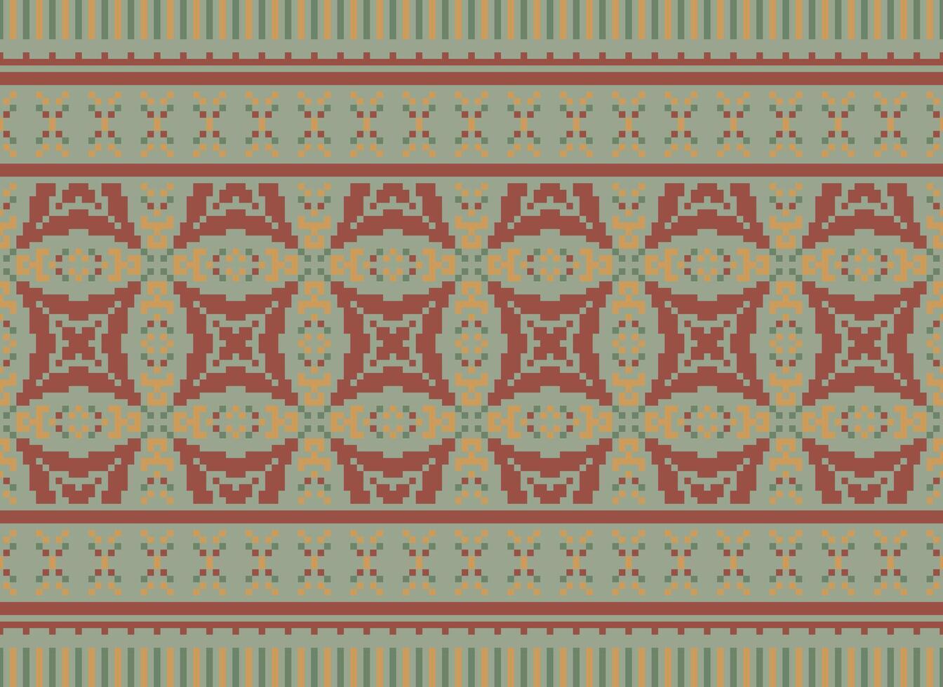 Cross Stitch and Pixel Ethnic Patterns Bring Vibrant Style to Fabrics, Sarees, and Ikat Designs, Red color cross stitch. Traditional Design. vector