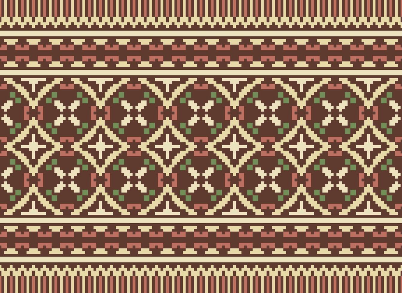 Cross Stitch and Pixel Ethnic Patterns Bring Vibrant Style to Fabrics, Sarees, and Ikat Designs, Red color cross stitch. Traditional Design. vector