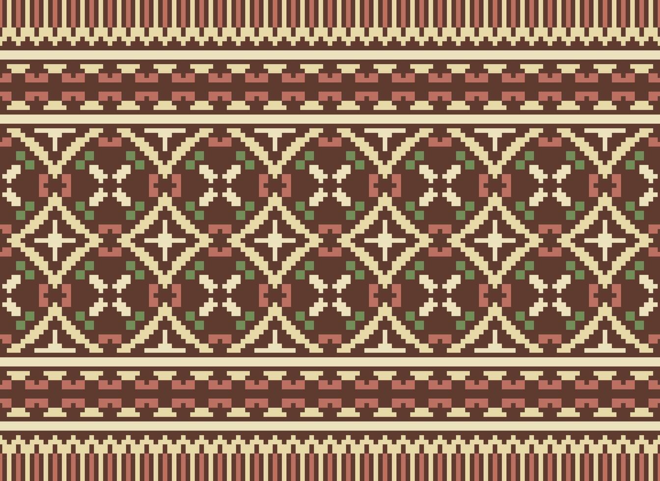 Cross Stitch and Pixel Ethnic Patterns Bring Vibrant Style to Fabrics, Sarees, and Ikat Designs, Red color cross stitch. Traditional Design. vector