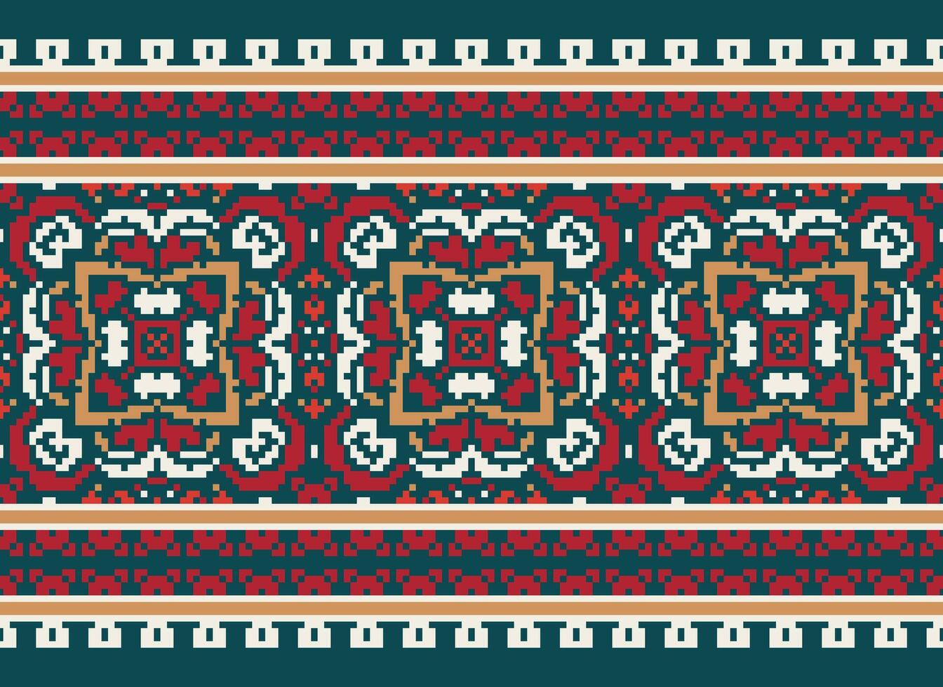 Pixel vintages cross stitch traditional ethnic pattern paisley flower Ikat background abstract Aztec African Indonesian Indian seamless pattern for fabric print cloth dress carpet curtains and sarong vector