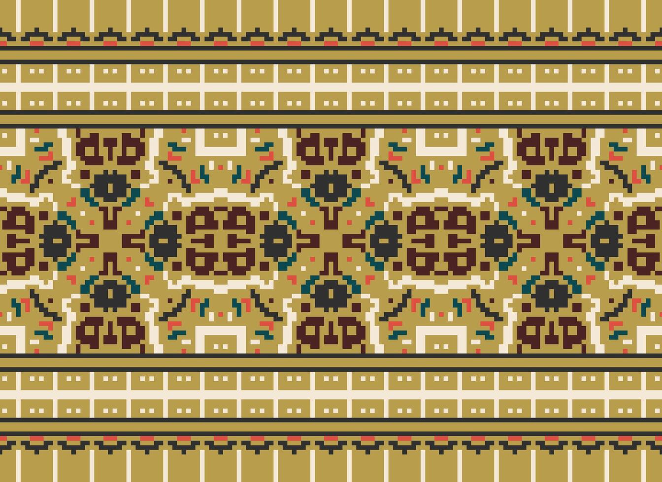 Pixel vintages cross stitch traditional ethnic pattern paisley flower Ikat background abstract Aztec African Indonesian Indian seamless pattern for fabric print cloth dress carpet curtains and sarong vector