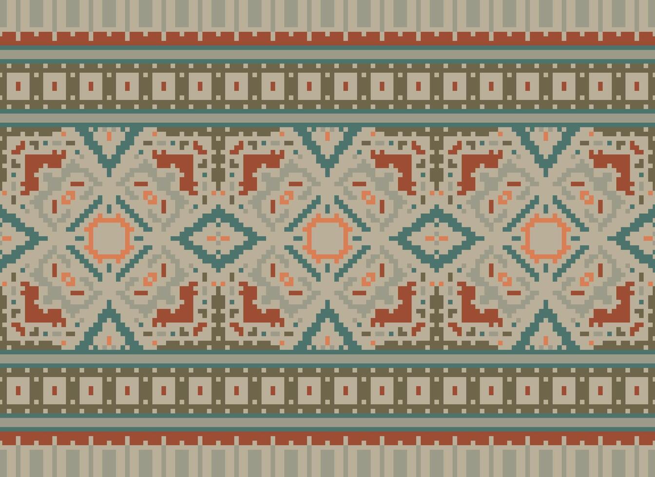 Pixel vintages cross stitch traditional ethnic pattern paisley flower Ikat background abstract Aztec African Indonesian Indian seamless pattern for fabric print cloth dress carpet curtains and sarong vector