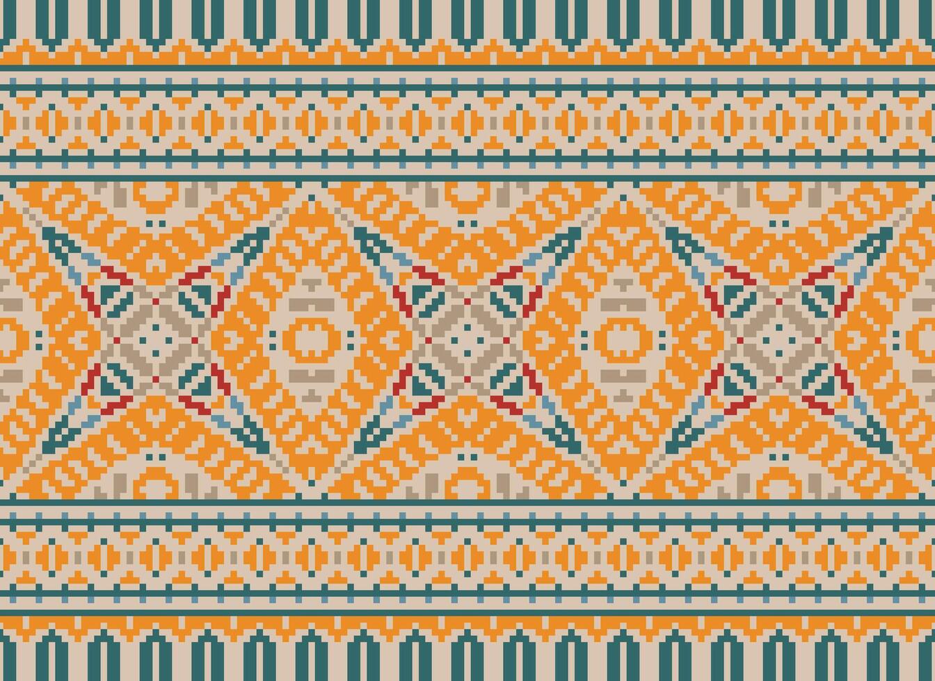 Pixel vintages cross stitch traditional ethnic pattern paisley flower Ikat background abstract Aztec African Indonesian Indian seamless pattern for fabric print cloth dress carpet curtains and sarong vector