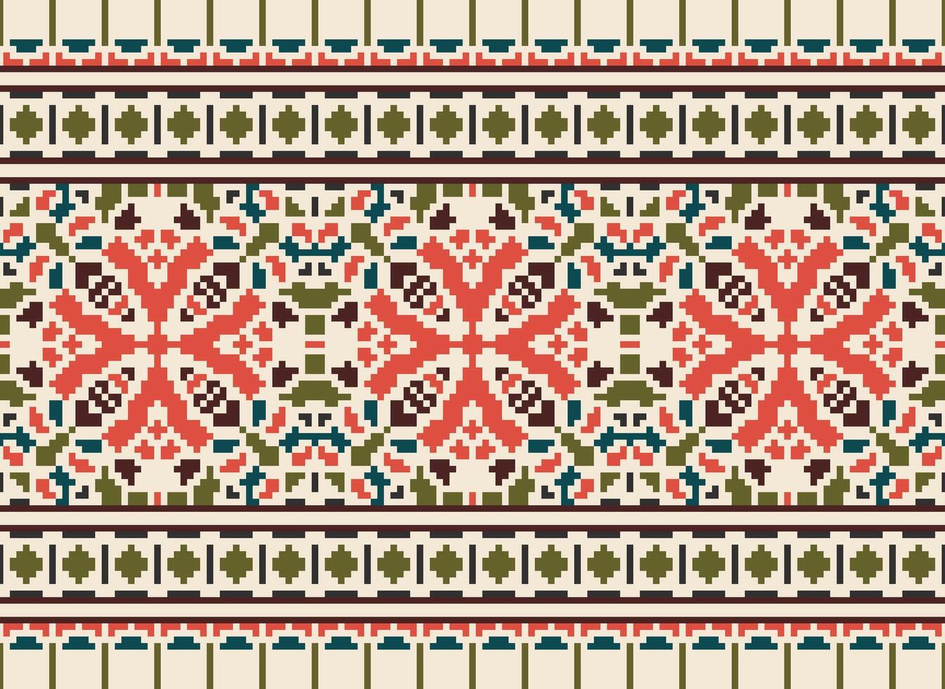 Pixel vintages cross stitch traditional ethnic pattern paisley flower Ikat background abstract Aztec African Indonesian Indian seamless pattern for fabric print cloth dress carpet curtains and sarong vector